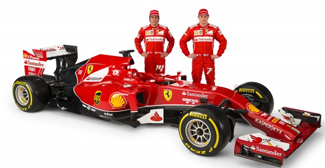 Ferrari's 2014 car, the F14T, along with their superstar drivers, Fernando Alonso (left) and Kimi Raikkonen (right).