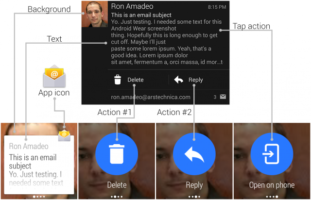 Top: An Android notification. Bottom: The resulting Android Wear notification.