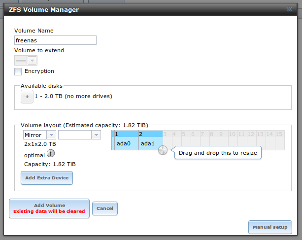 freenas volume manager set up zfs pool