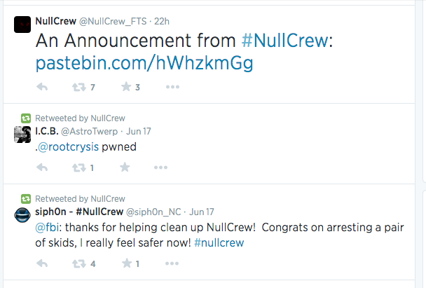 NullCrew's Twitter feed gives Timothy French and a fellow NullCrew member a fitting sendoff—calling them "skids."