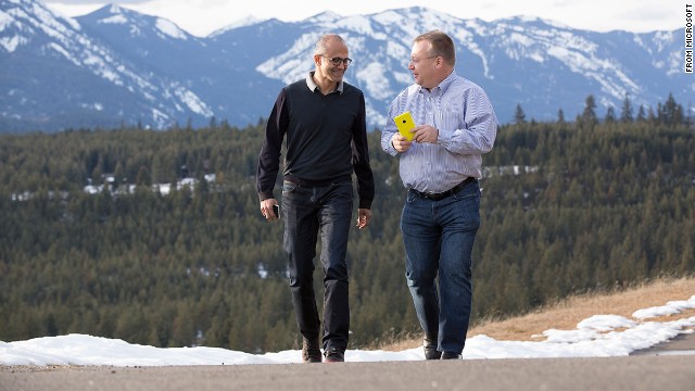 Satya Nadella and former Nokia CEO Stephen Elop during happier times. Elop got the boot in 2015.