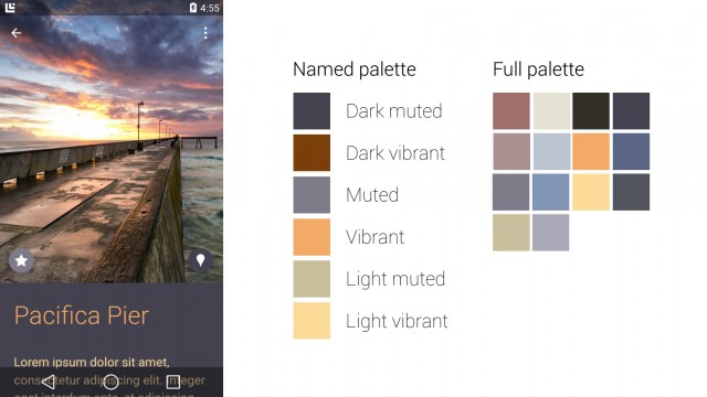 The new Palette API allows developers to automatically color-code an app with an image. All the colors on the right were automatically pulled from the picture of a pier on the left.