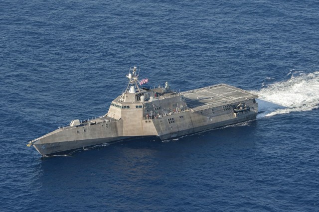 The USS Coronado (LCS-4) underway in April 2014. The Coronado and other LCS ships are supposed to fill the role of frigates, which the Navy retired en masse in the late 2000s.