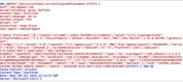 Angry Birds' SkyRocket "cookies" are in JavaScript Over Network (JSON) data format, and they're full of information about your phone.