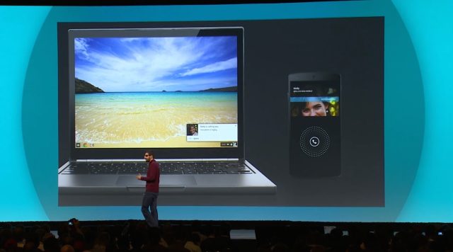 Google's Sundar Pichai demonstrates a phone call on your Android phone popping up on your Chromebook.