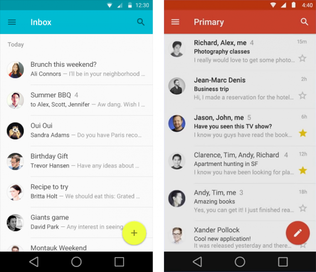 Left: The e-mail app from the Material Design docs. Right: Gmail