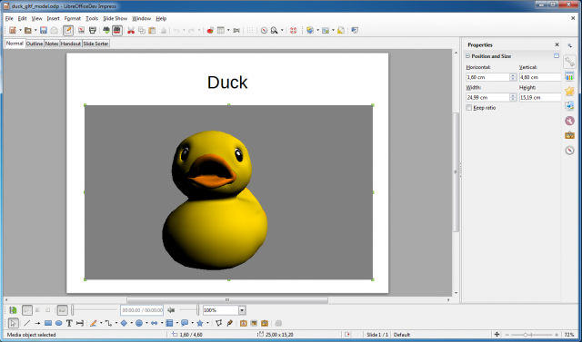 A 3D duck in the latest version of LibreOffice Impress. 