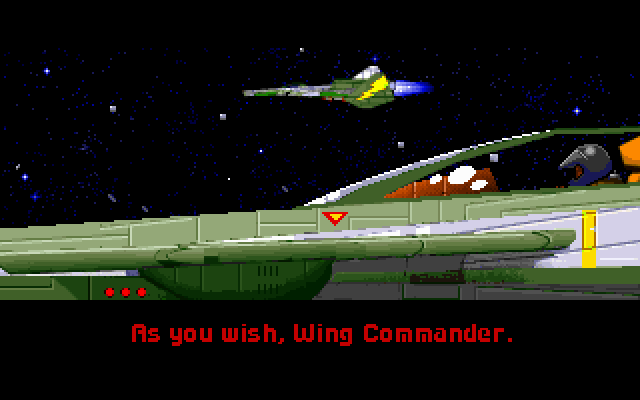 <em>Wing Commander II</em> improved on <em>WC1</em> with more cinematic cutscenes, including this one, which is the inevitable part in the game where they reference the game's title.