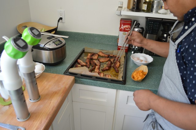 Chef Shawn Naputi seared the Guamanian bacon before serving it, as sous-vide meat doesn't brown.
