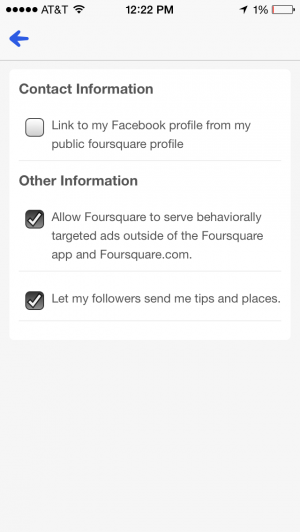 All of the settings you get as a Foursquare user. The option concerning targeted ads outside of the app is refreshingly candid, if a little scary (and it's enabled by default). 