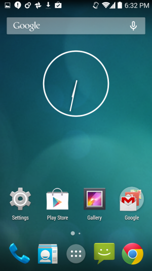 The default Home screen. This is just Cyanogenmod with the open-source apps removed and replaced with Google apps.