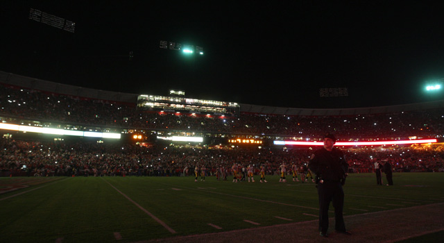Another kind of blackout: the field goes dark during a 2011 NFL game between the 49ers and Steelers.
