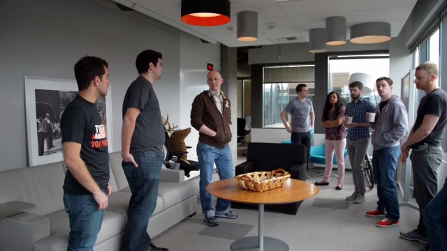 Communal areas provide the space for stand-up daily meetings, an important part of the scrum process.