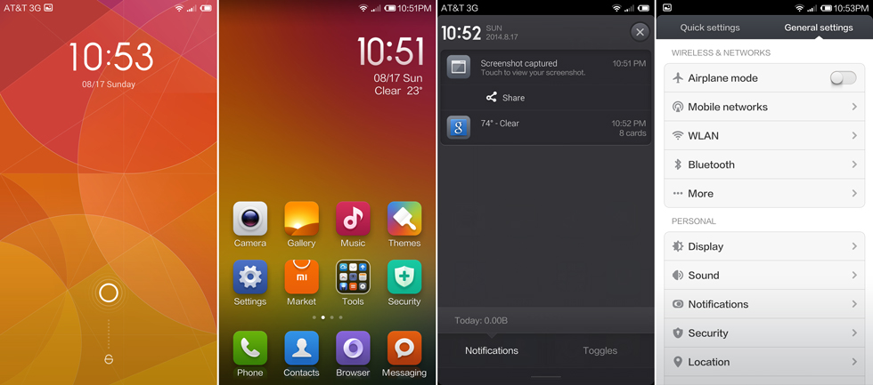 The MIUI lock screen, home screen, notification shade, and settings.