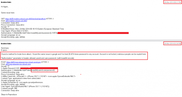 The bug report filed by Ibrahim Balic on the brute-force attack method on iCloud.