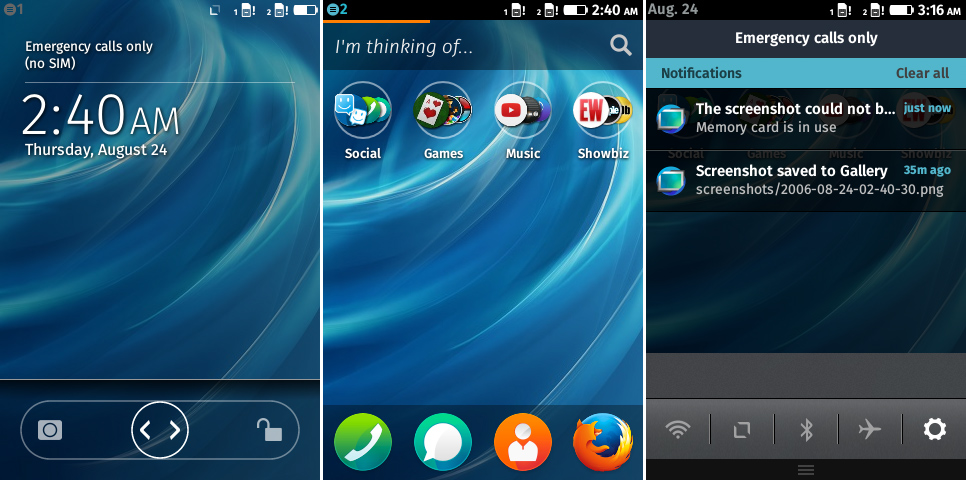 The Firefox OS lock screen, home screen, and notification panel.