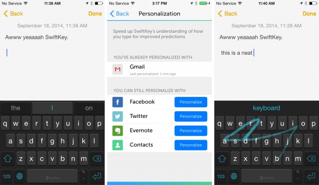 SwiftKey's keyboard, settings, and swiping in action.