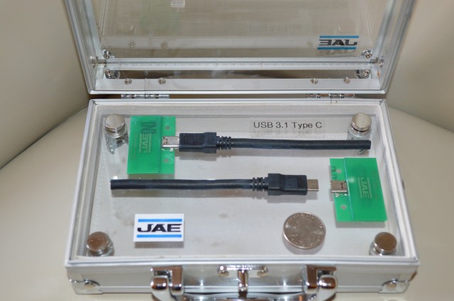 One of the first USB 3.1 Type-C cables, plugs, and receptacles off the assembly line.