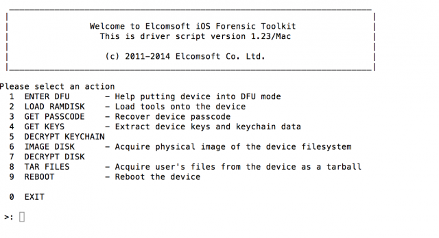 The Terminal interface to Elcomsoft's iOS Forensics Toolkit.