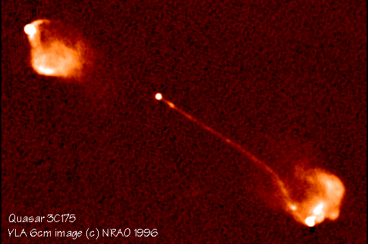 A radio image of a quasar, taken by the Very Large Array. The white dot in the middle is the core, while the protrusions pointed top-left and bottom-right are jets, traveling at relativistic speeds, culminating in lobes. 