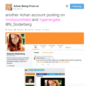 This account used to astroturf the #GamerGate and #notyourshield hashtags uses a stock image of a redhead from Cheezburger.