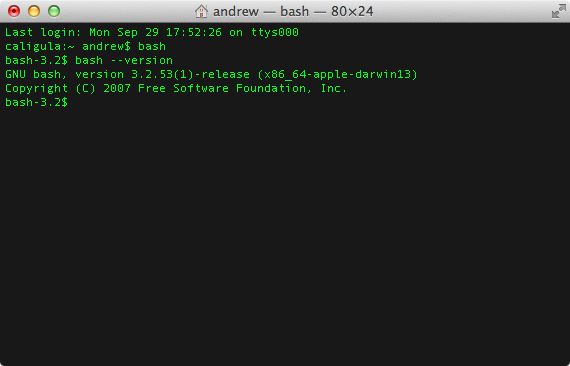 The patched Bash shell on a system running OS X 10.9.5.