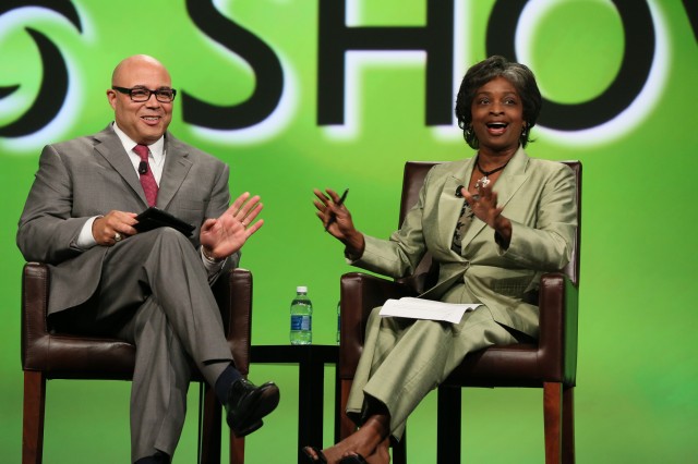 Former FCC Chairman Michael Powell with FCC Commissioner Mignon Clyburn.