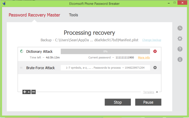 Elcomsoft Phone Password Breaker assaults an encrypted on-PC backup in an attempt to crack it with dictionary words and brute-force guessing.