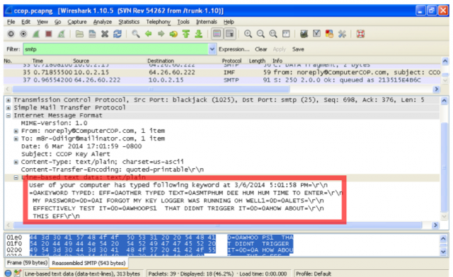 Example of intercepted, unencrypted keylogs using Wireshark, a free packet sniffer.