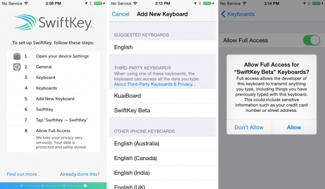 SwiftKey's setup instructions, the "Add New Keyboard" screen in the system settings, and the "allow full access" popup. 