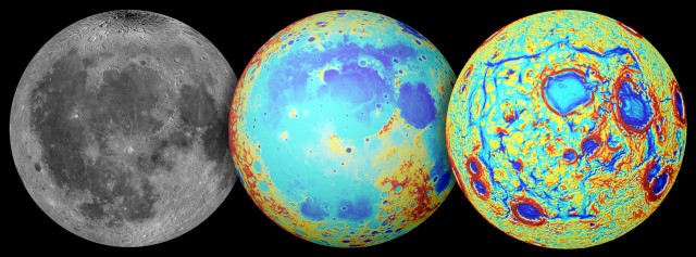 From left, the Moon in visible light, a terrain map, and a map of the gravity anomalies. View is centered over the Oceanus Procellarum.  Note the strong linear features in the gravity image.