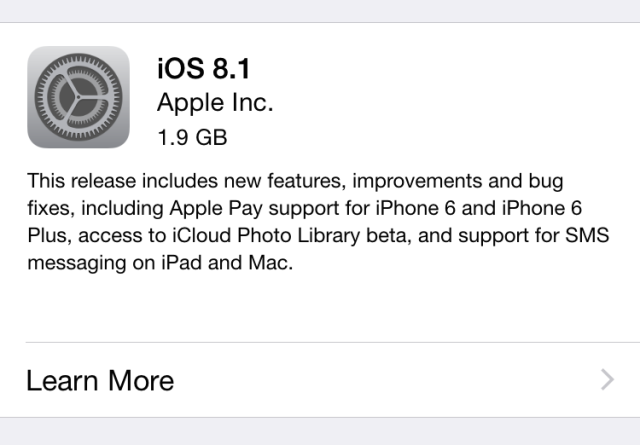 Apple releases iOS 8.1 with Apple Pay, Continuity features