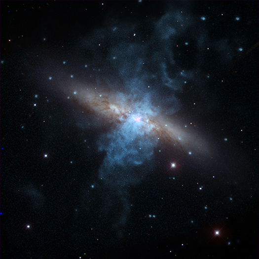 A composite image of the galaxy M82, composed of x-ray images from the NuSTAR telescope (seen in purple) and the Chandra X-ray Observatory (blue), and optical images from the NOAO 2.1 meter telescope (gold).