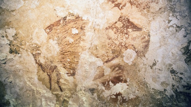 A depiction of a local animal, just above a hand stencil, from one of the Indonesian caves.