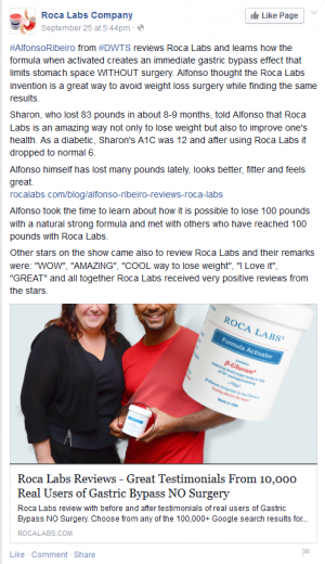 A screenshot of Roca Labs' Facebook page claiming Alfonso Ribeiro's support.