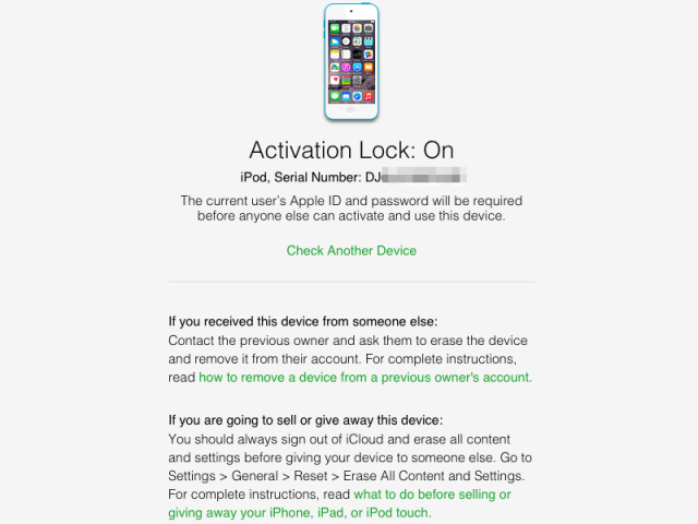 The page will tell you whether Activation Lock is enabled and what kind of device you're looking at. 