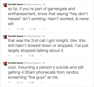 Zoe Quinn reports that she has received continuous harassment since mid-August. 