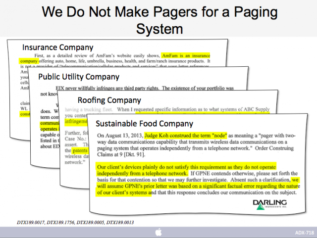 A slide that Apple used in its closing statements during the GPNE v. Apple trial. It includes a few of the statements from the many companies trying to rebuff GPNE's attempts to get royalty payments based on old pager patents.