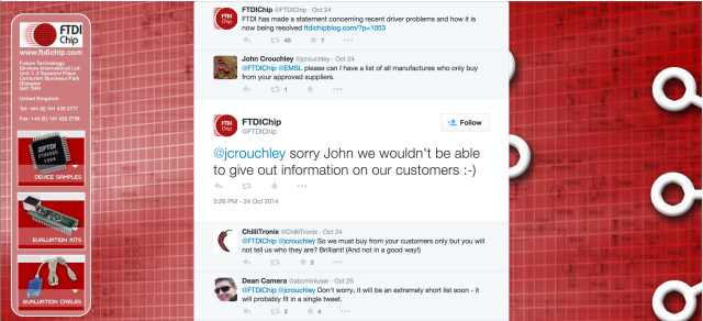 An interaction between an FTDI spokesperson and users on Twitter. Playing coy may just lose customers.