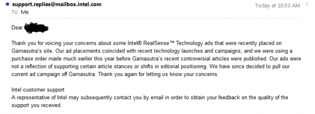 The e-mail attributed to Intel explaining why it was pulling advertising from Gamasutra. 