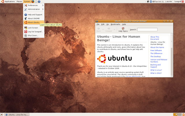 The default desktop of Ubuntu 8.10, Intrepid Ibex.