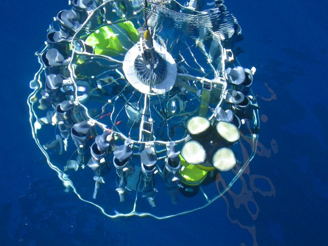 A CTD (conductivity, temperature, depth profiler) is lowered into the water. This is the standard tool for oceanographers making measurements from a ship.