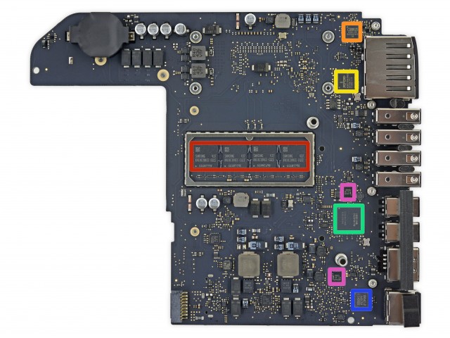 The Mini's system board, with the soldered RAM highlighted in red.
