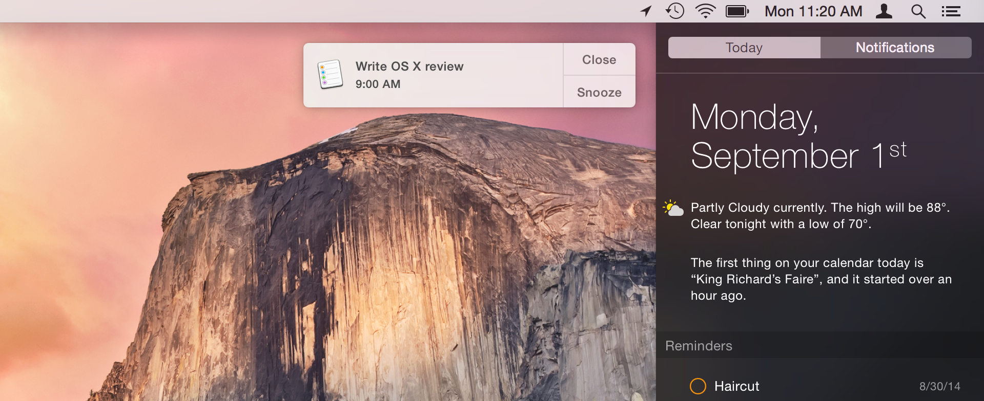 Notification Center’s new Today view. The sidebar no longer pushes the entire desktop to the left, but it does still push notification alerts, as shown above.