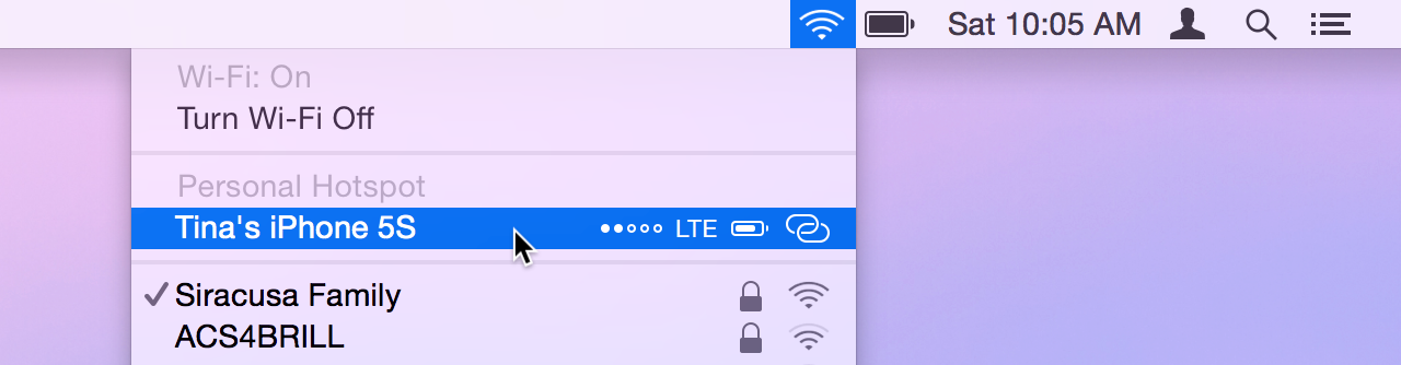 The new Personal Hotspot section in the Wi-Fi menu.