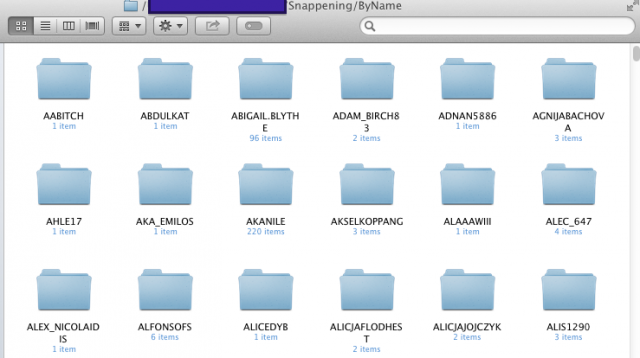 A screenshot provided by an Ars reader of folders of Snapchat photos from the "Snappening" file torrent, organized by user name.