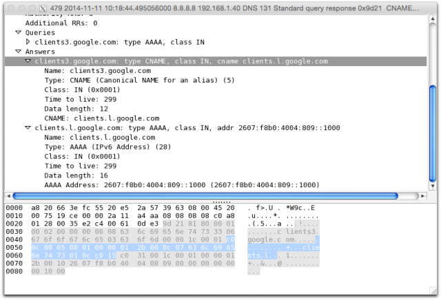 A typical DNS query made while surfing the Web, captured in Wireshark.