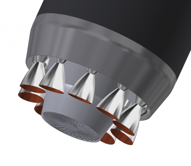 Detailed rendering of the Alpha's plug cluster aerospike engine—a series of ten conventional methane thrusters surrounding the "plug" that makes the engine work.