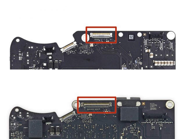 The previous 27" iMac's 40-pin eDP connector at top, and the Retina iMac's expanded 60-pin connector at bottom.