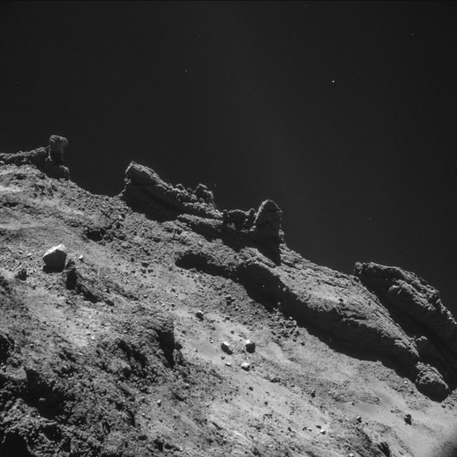 The jagged surface of the comet, as imaged by Rosetta.